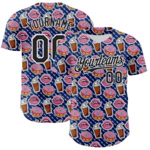Custom US Navy Blue Black-White 3D Pattern Design Foodie Food Dessert Milkshake Donut Authentic Baseball Jersey