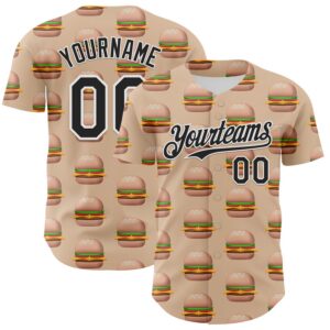 Custom Vegas Gold Black-White 3D Pattern Design Foodie Fast Food Burger Authentic Baseball Jersey