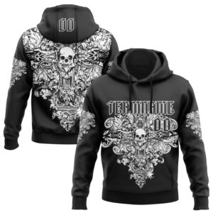 Custom Black White 3D Skull Gothic Floral Vintage Sports Pullover Sweatshirt Hoodie