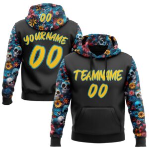 Custom Black Yellow-Panther Blue 3D Skull Calavera Day Of The Dead Dia de los Muertos Sports Pullover Sweatshirt Hoodie