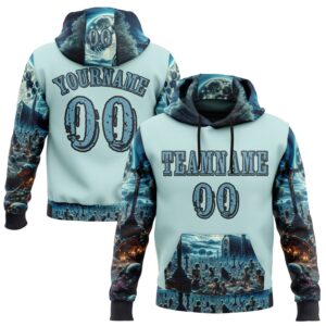 Custom Ice Blue Shadow Blue-Black 3D Skull Cemetery Sports Pullover Sweatshirt Hoodie
