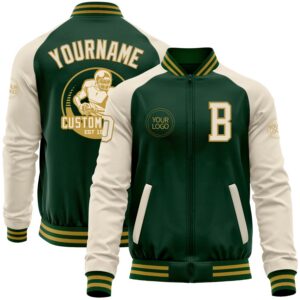 Custom Green Cream-Old Gold Bomber Varsity Letterman Two Tone Zipper Jacket