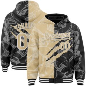 Custom Graffiti Pattern Vegas Gold Black-White Scratch Bomber Full-Snap Varsity Letterman Hoodie Jacket