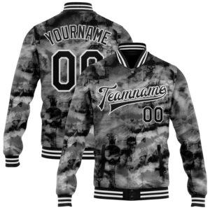 Custom Tie Dye Black-White Gothic Crosses 3D Bomber Full-Snap Varsity Letterman Jacket