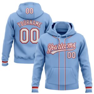 Custom Stitched Light Blue White-Red Baseball Pullover Sweatshirt Hoodie