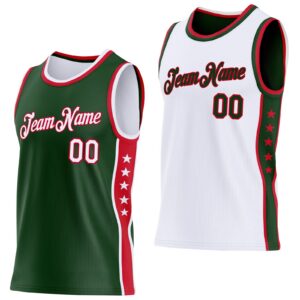 Custom Reversible Green White-Red Double Side Star Sublimation Basketball Suit Jersey
