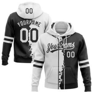 Custom Black White Split Ripped Pattern Baseball Pullover Sweatshirt Hoodie