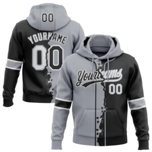 Custom Black Gray-White Split Ripped Pattern Baseball Pullover Sweatshirt Hoodie